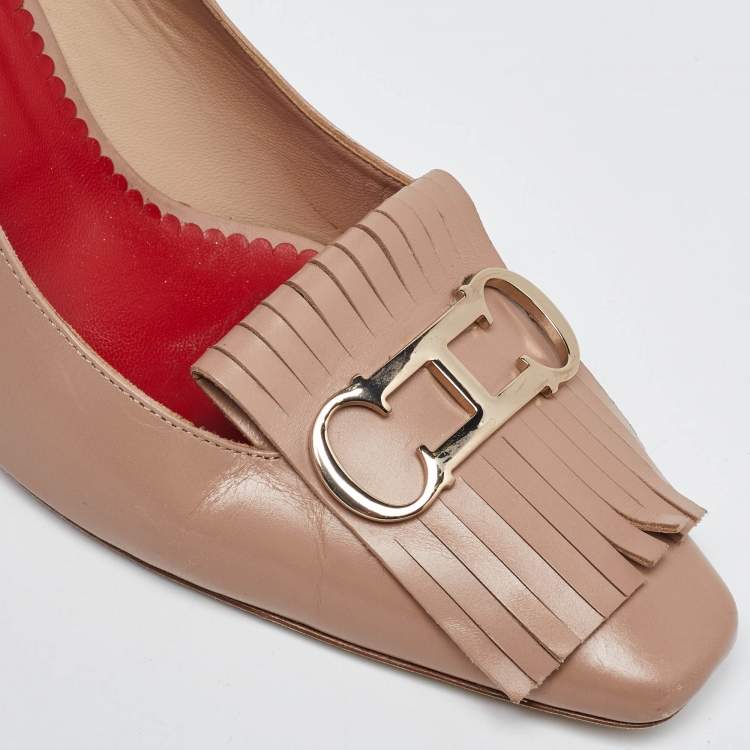 Pre Owned CH Carolina Herrera Beige Leather Fringe Pumps Size 39