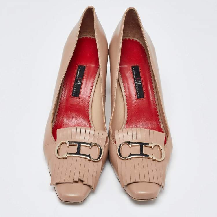 Pre Owned CH Carolina Herrera Beige Leather Fringe Pumps Size 39