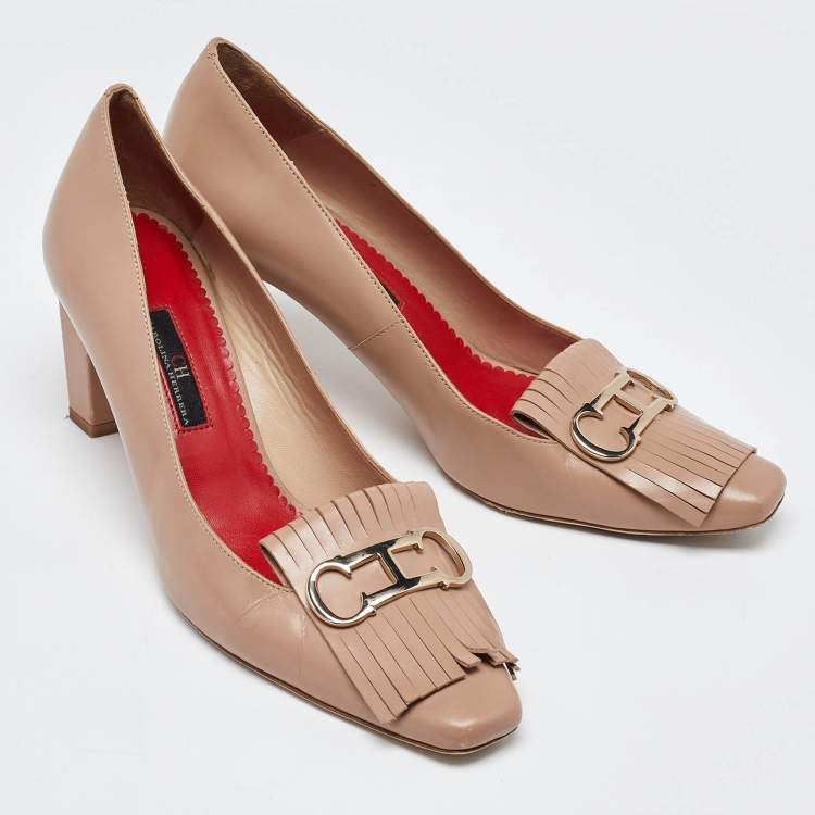 Pre Owned CH Carolina Herrera Beige Leather Fringe Pumps Size 39