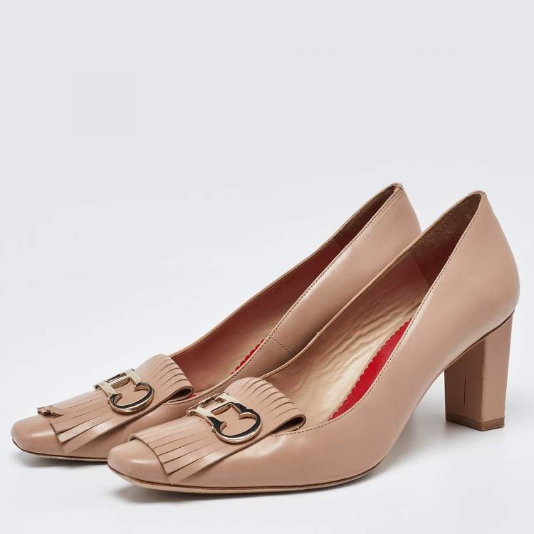 Pre Owned CH Carolina Herrera Beige Leather Fringe Pumps Size 39