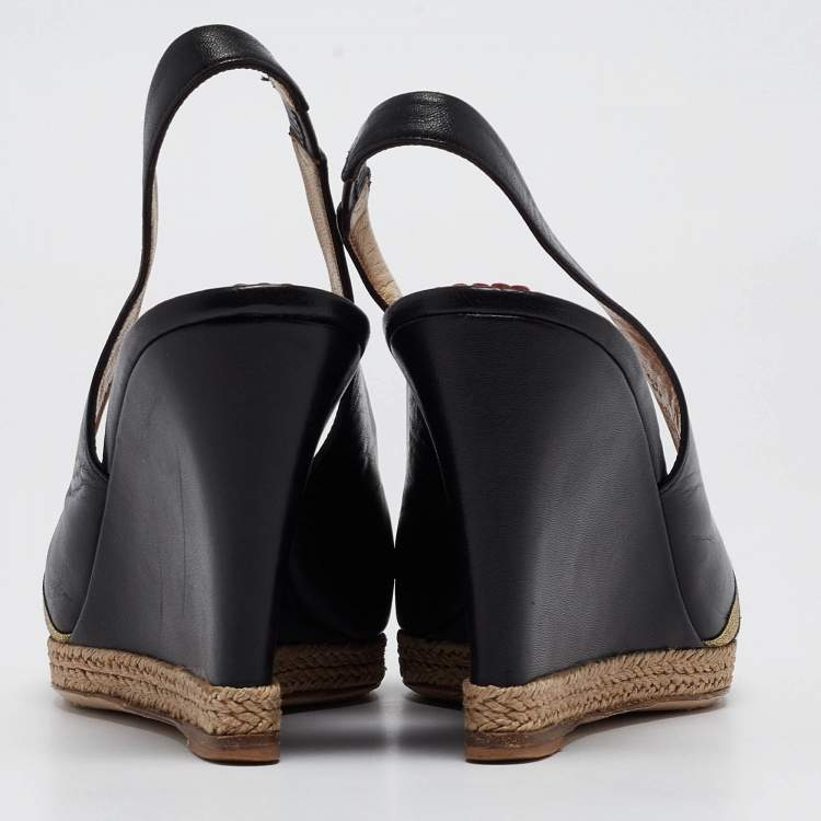 Pre Owned CH Carolina Herrera Black Leather Wedge Slingback Pumps Size 38