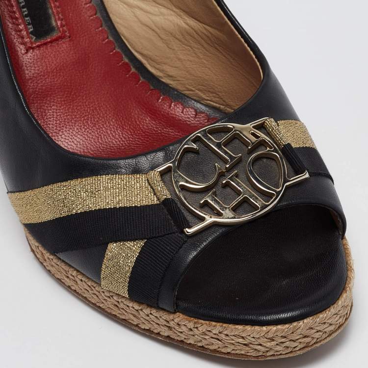 Pre Owned CH Carolina Herrera Black Leather Wedge Slingback Pumps Size 38