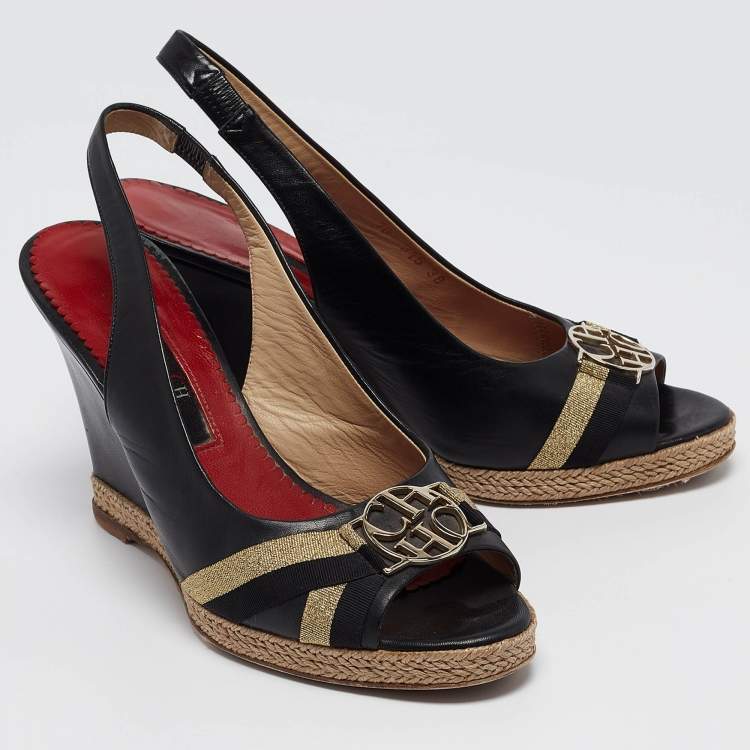 Pre Owned CH Carolina Herrera Black Leather Wedge Slingback Pumps Size 38
