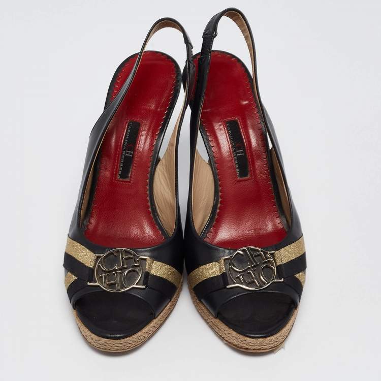 Pre Owned CH Carolina Herrera Black Leather Wedge Slingback Pumps Size 38