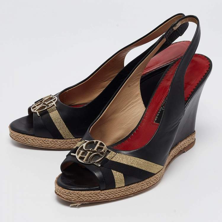 Pre Owned CH Carolina Herrera Black Leather Wedge Slingback Pumps Size 38