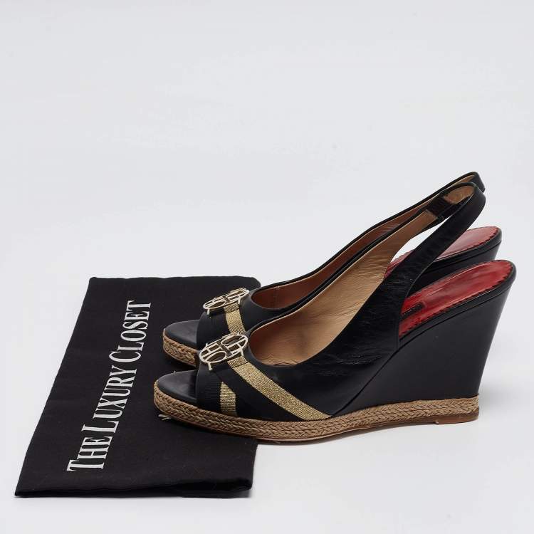 Pre Owned CH Carolina Herrera Black Leather Wedge Slingback Pumps Size 38