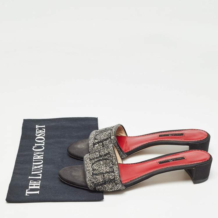 Pre Owned CH Carolina Herrera Black/Silver Glitter and Satin Slides Size 39  