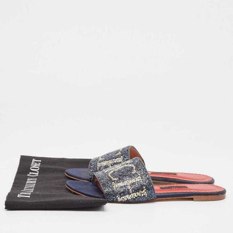 Pre Owned CH Carolina Herrera Navy Blue Leather Crystal Embellished Flat Slides Size 39