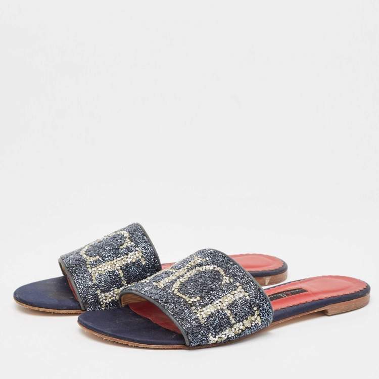 Pre Owned CH Carolina Herrera Navy Blue Leather Crystal Embellished Flat Slides Size 39