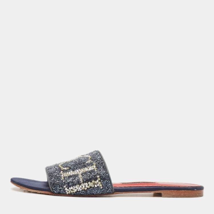 Pre Owned CH Carolina Herrera Navy Blue Leather Crystal Embellished Flat Slides Size 39