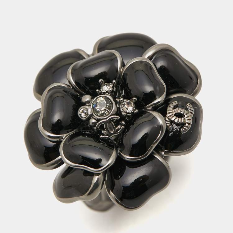 Pre Owned Chanel CC Camellia Enamel Crystals Gunmetal Tone Ring Size 54