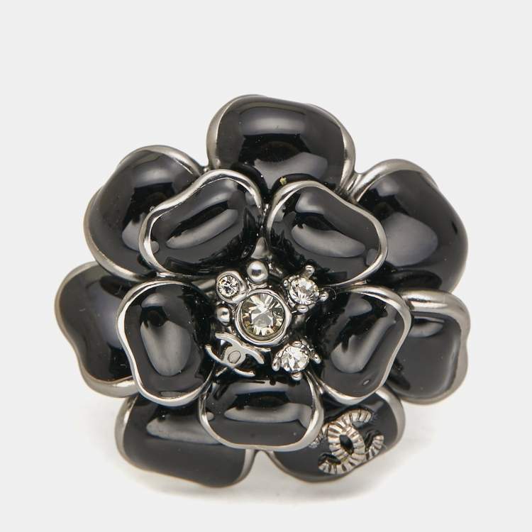 Pre Owned Chanel CC Camellia Enamel Crystals Gunmetal Tone Ring Size 54