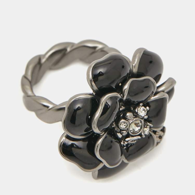 Pre Owned Chanel CC Camellia Enamel Crystals Gunmetal Tone Ring Size 54