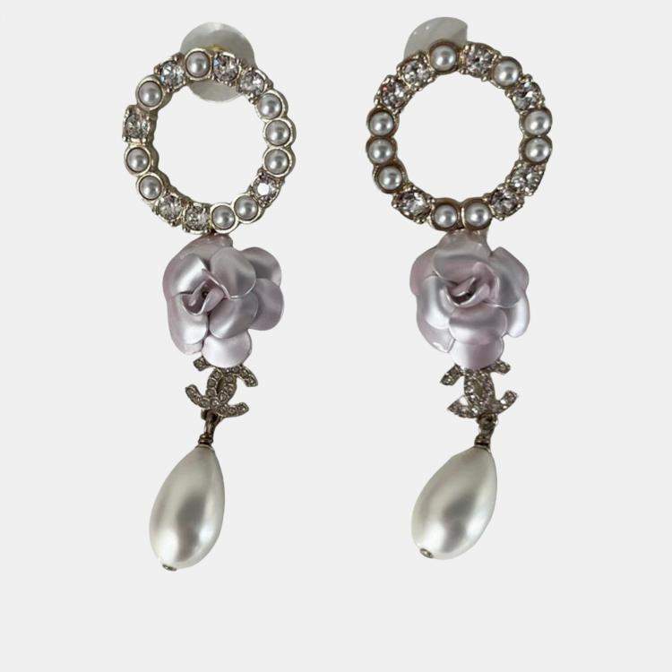Pre Owned Chanel Camilia CC Crystal/Pearl Round Dangle Large Earring