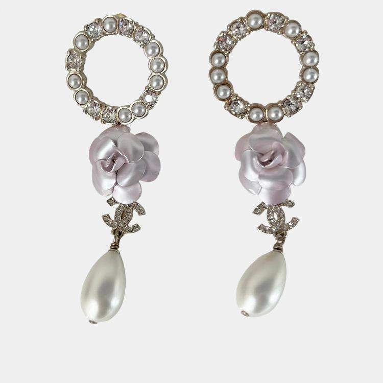 Pre Owned Chanel Camilia CC Crystal/Pearl Round Dangle Large Earring