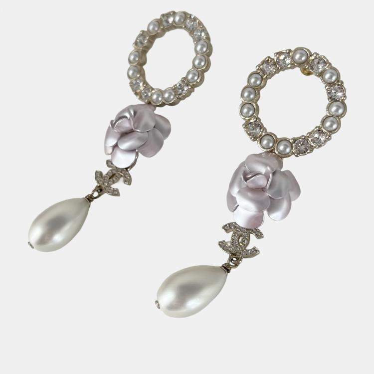 Pre Owned Chanel Camilia CC Crystal/Pearl Round Dangle Large Earring