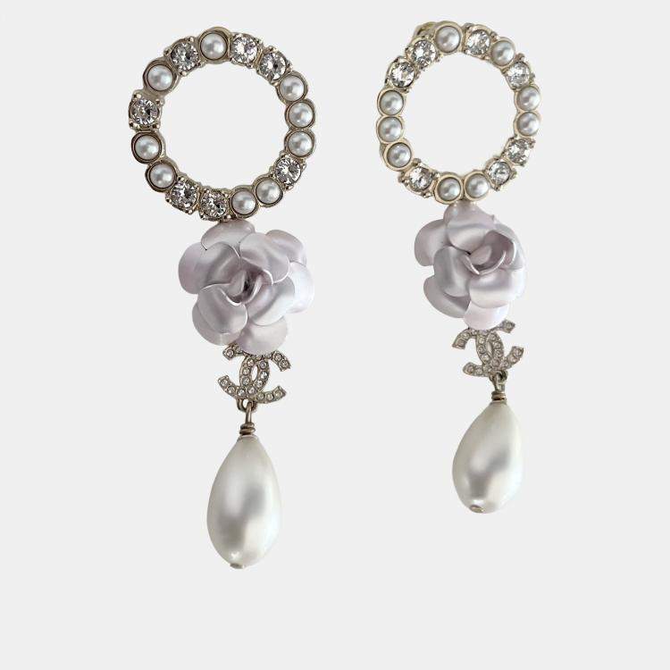 Pre Owned Chanel Camilia CC Crystal/Pearl Round Dangle Large Earring