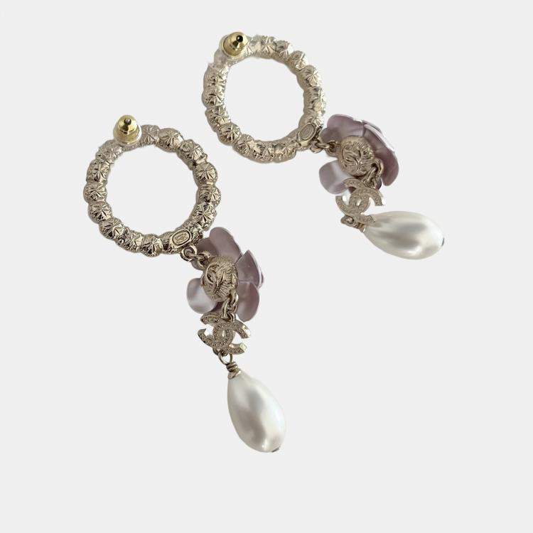 Pre Owned Chanel Camilia CC Crystal/Pearl Round Dangle Large Earring