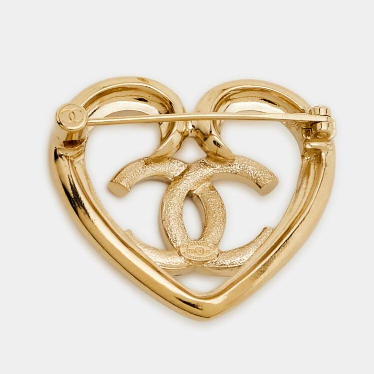 Pre Owned Chanel Heart Crystals Gold Tone Brooch