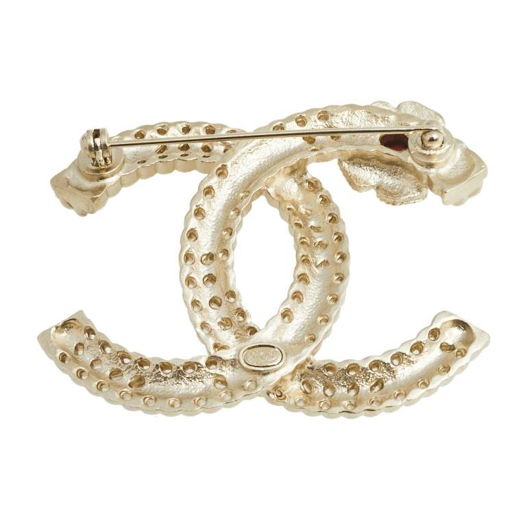 Chanel Crystal & Enamel Embellished Camellia Gold Tone CC Pin Brooch Chanel