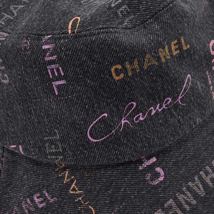 Pre Owned Chanel Black Denim Logo Print Cloche Bucket Hat M
