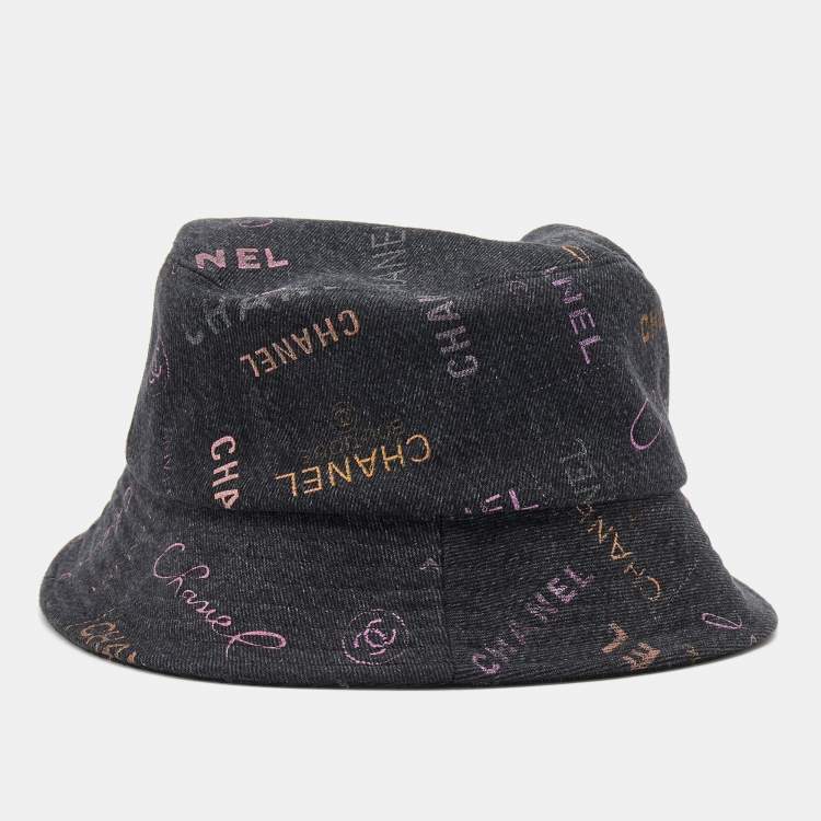 Pre Owned Chanel Black Denim Logo Print Cloche Bucket Hat M