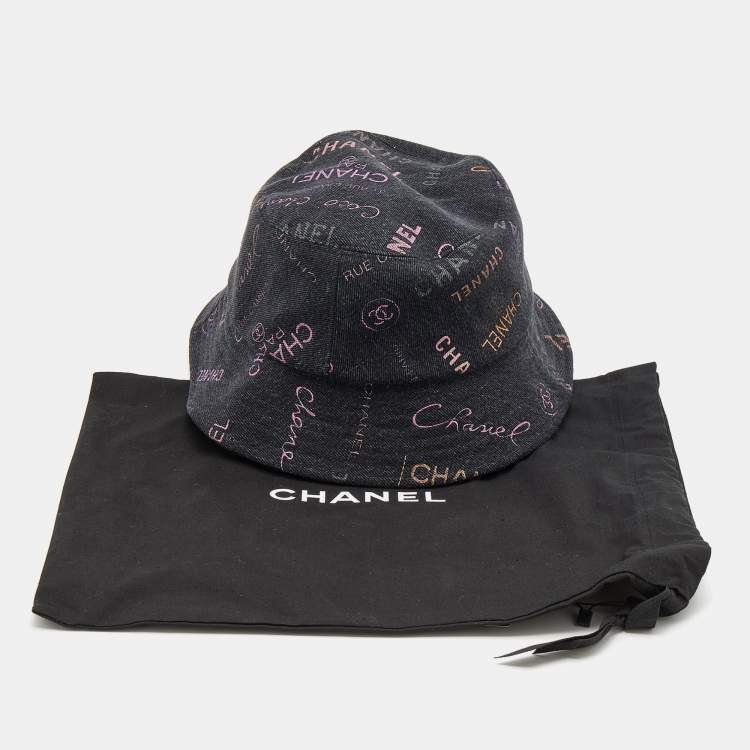Pre Owned Chanel Black Denim Logo Print Cloche Bucket Hat M
