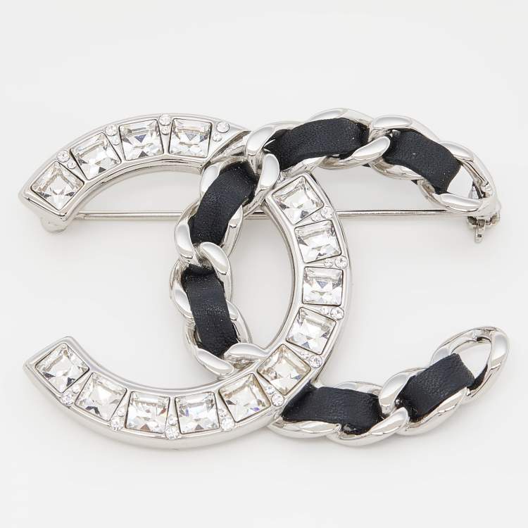 Pins & Brooches Chanel Chanel Silver Rhinestone Studded CC Logo Camellia Flower Brooch Pin