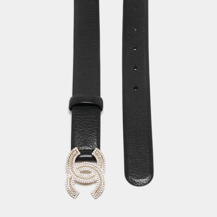 Pre Owned Chanel Black Leather CC Embellished Buckle Belt 90 CM