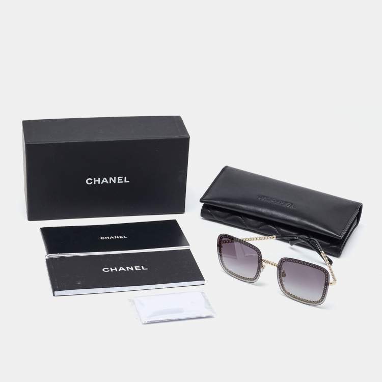 Pre Owned Chanel Gold Tone/Grey Gradient Chain Detail 4244 Square Sunglasses