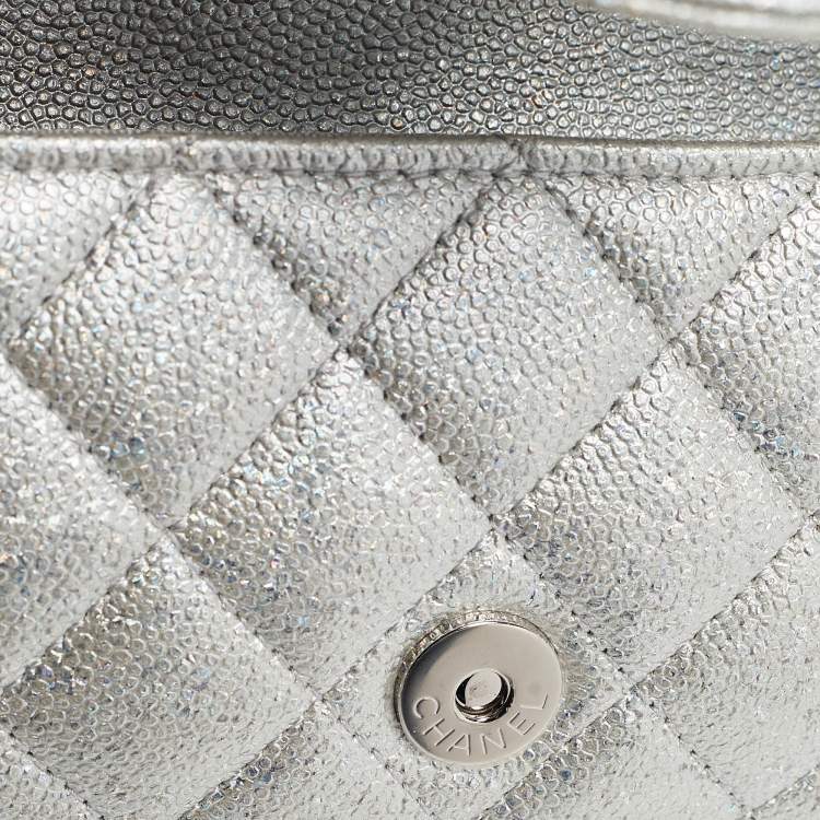 Pre Owned Chanel Silver Iridescent Caviar Quilted Leather Glassed Case with Chain 