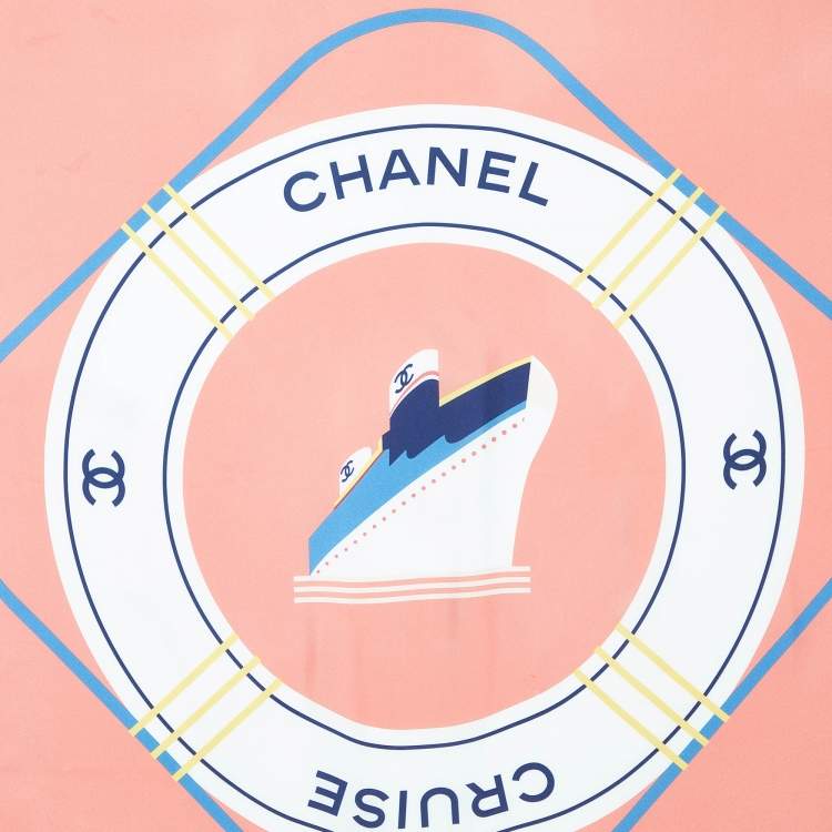 Pre Owned Chanel Coral Pink Cruise Print Silk Square Scarf