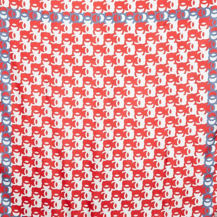 Pre Owned Chanel Red Tricolor CC Print Silk Square Scarf