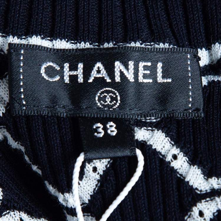 Pre Owned Chanel Navy Blue Patterned Rib Knit Top M