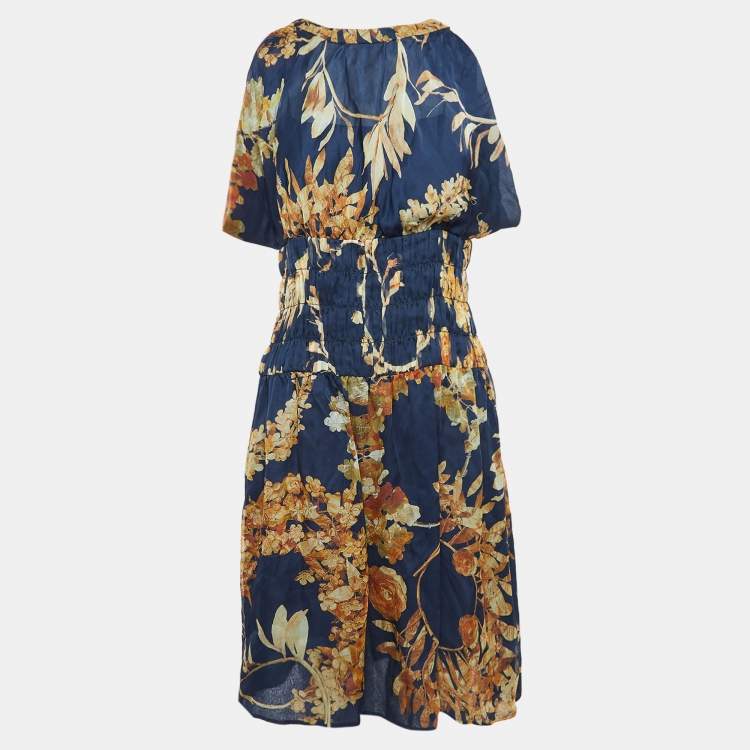 Pre Owned Chanel Navy Blue Floral Print Silk Button Detail Mini Dress M