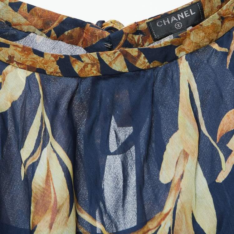 Pre Owned Chanel Navy Blue Floral Print Silk Button Detail Mini Dress M