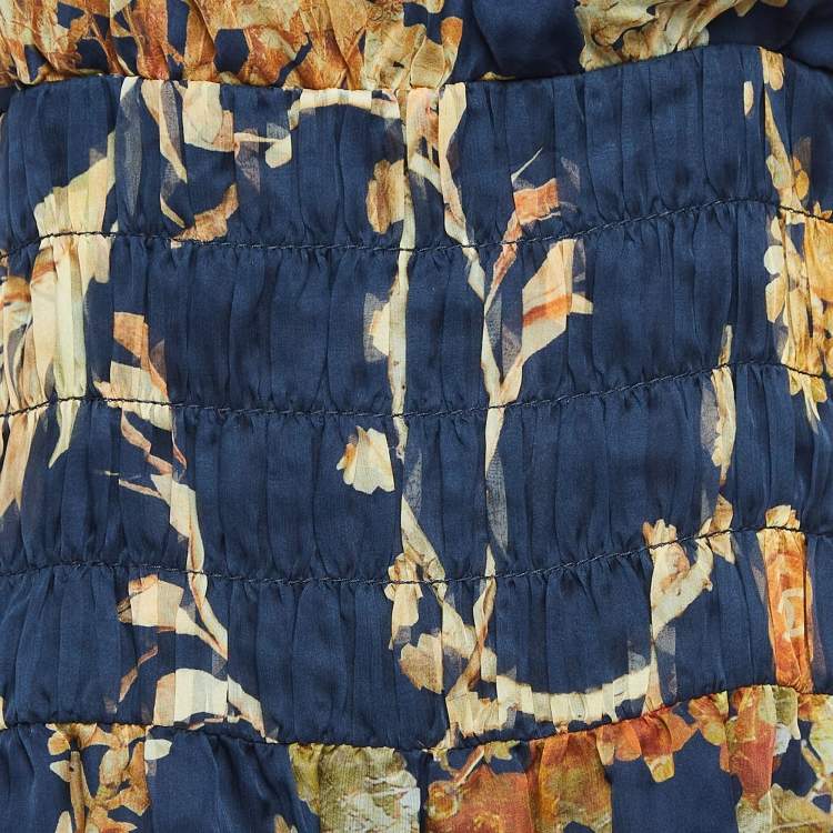 Pre Owned Chanel Navy Blue Floral Print Silk Button Detail Mini Dress M