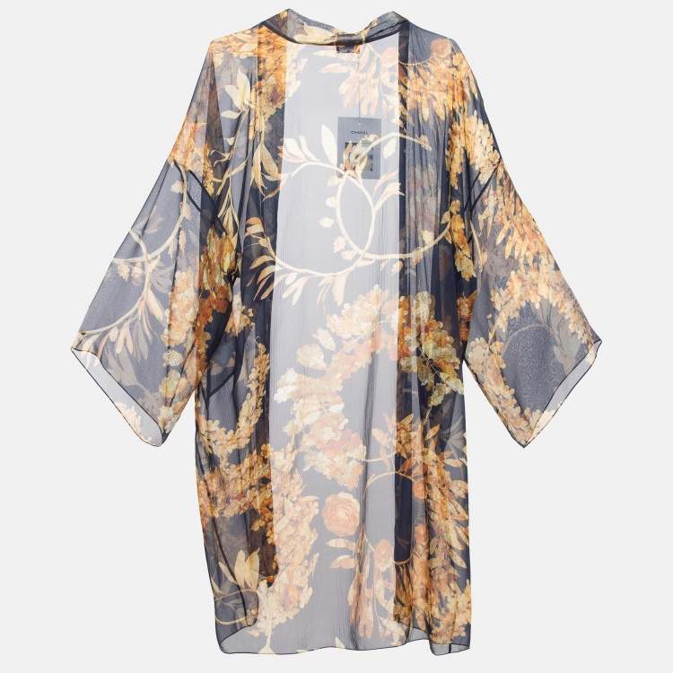 Pre Owned Chanel Navy Blue Floral Print Silk Open Front Long Cardigan M
