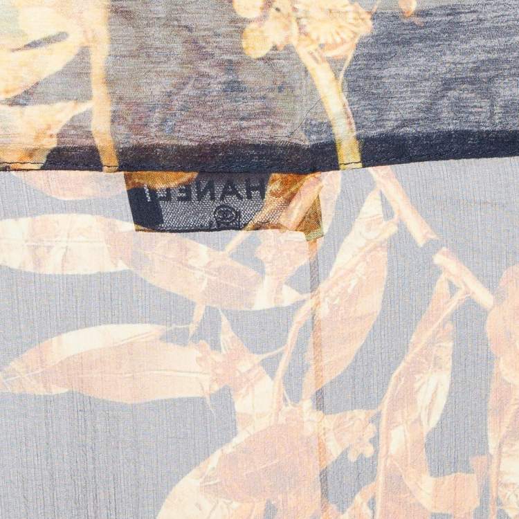 Pre Owned Chanel Navy Blue Floral Print Silk Open Front Long Cardigan M