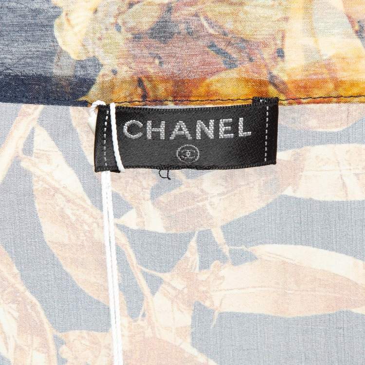 Pre Owned Chanel Navy Blue Floral Print Silk Open Front Long Cardigan M