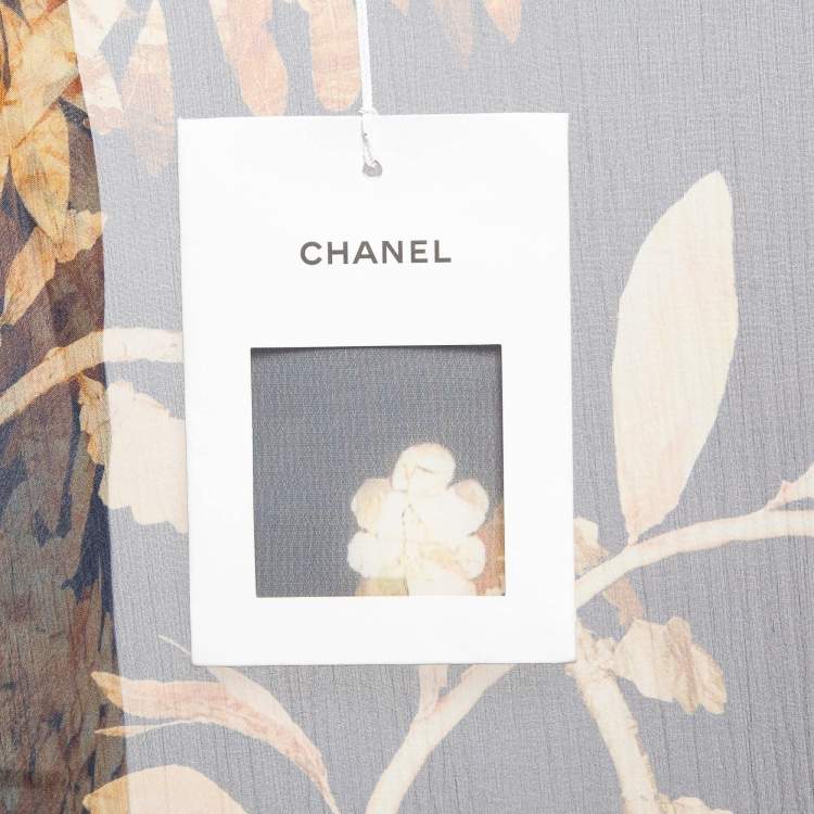 Pre Owned Chanel Navy Blue Floral Print Silk Open Front Long Cardigan M