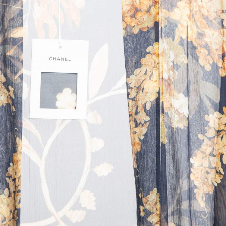 Pre Owned Chanel Navy Blue Floral Print Silk Open Front Long Cardigan M