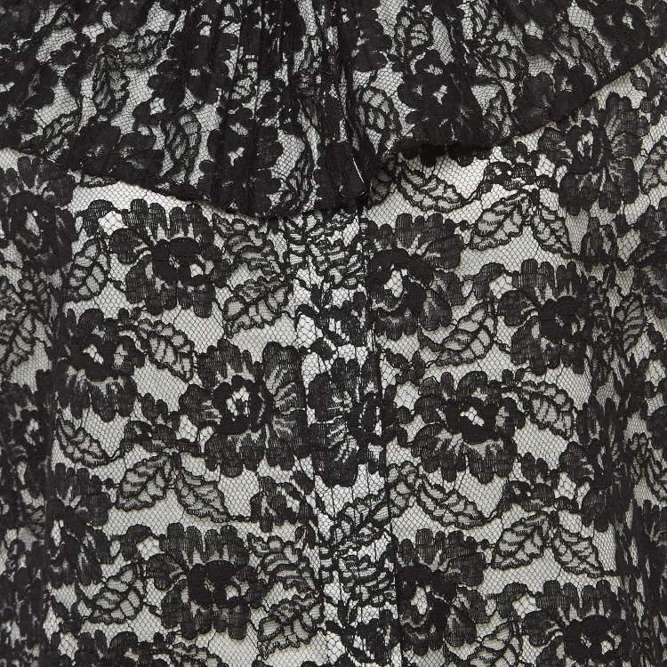 Pre Owned Chanel Black Floral Lace Ruffled High Neck Mini Dress L