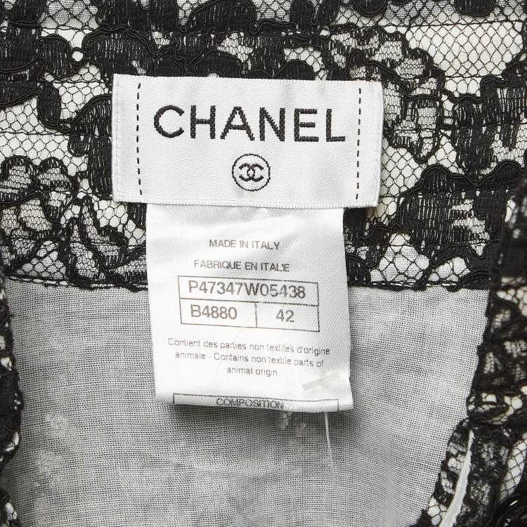 Pre Owned Chanel Black Floral Lace Ruffled High Neck Mini Dress L