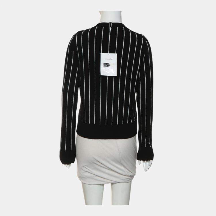 Pre Owned Chanel Black Crew Neck Stripes Logo Sweater S