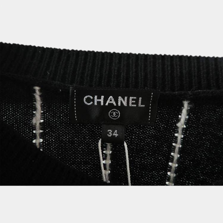 Pre Owned Chanel Black Crew Neck Stripes Logo Sweater S