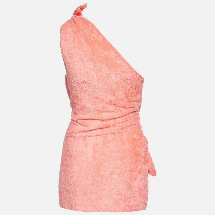 Pre Owned Chanel Coral Pink Terry One-Shoulder Cover-Up Mini Dress M