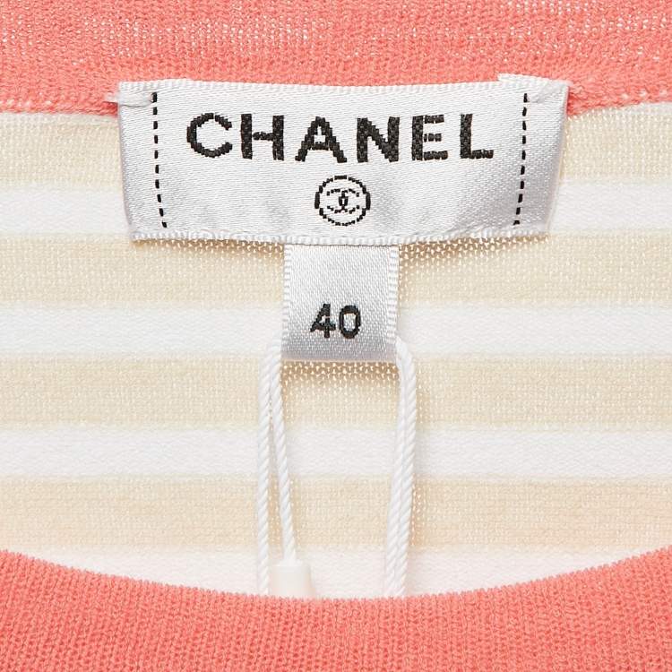 Pre Owned Chanel Beige/White Stripe Logo Jacquard Cotton Knit Tie-Up Top M