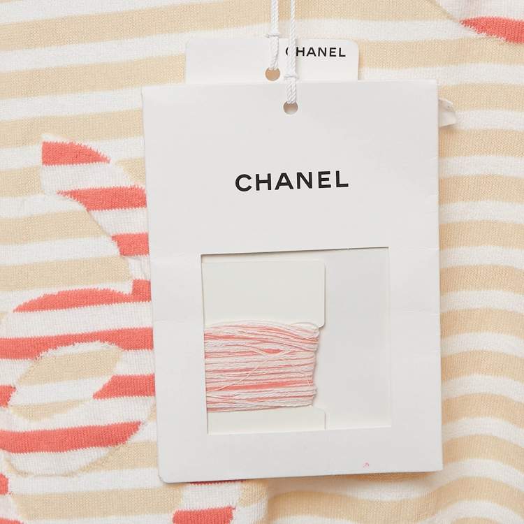 Pre Owned Chanel Beige/White Stripe Logo Jacquard Cotton Knit Tie-Up Top M
