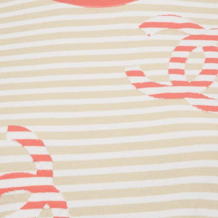 Pre Owned Chanel Beige/White Stripe Logo Jacquard Cotton Knit Tie-Up Top M